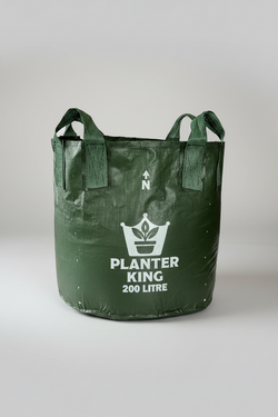 Planter King 200L planter bag, back view, green HDPE fabric with handles