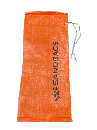 Orange woven polypropylene sandbag, back view, with tie string
