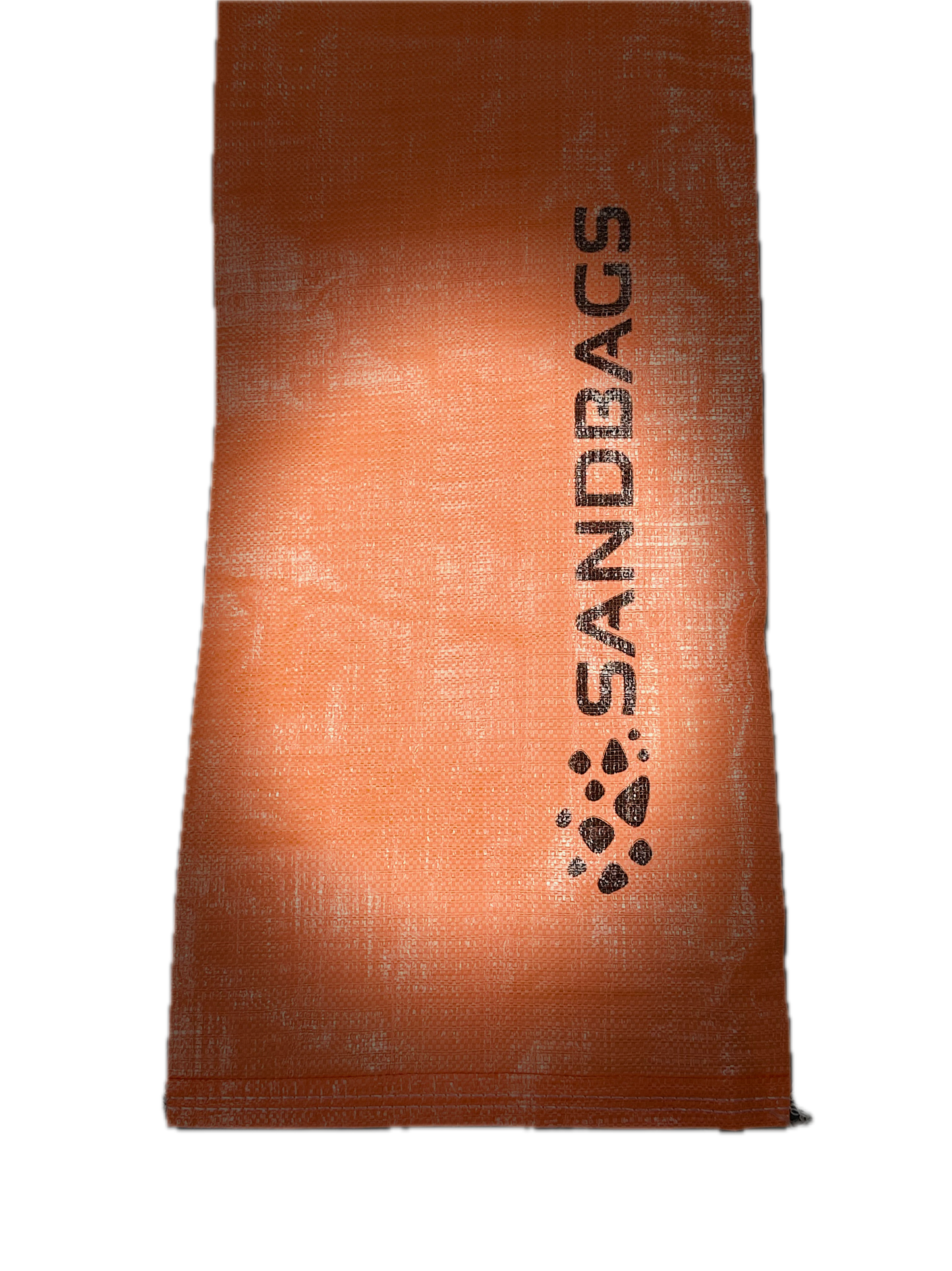 Orange woven polypropylene sandbag with tie, back view, 36 x 85 cm