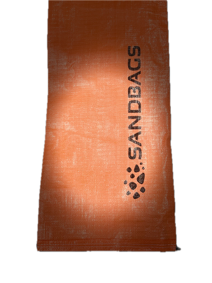 Orange woven polypropylene sandbag with tie, back view, 36 x 85 cm
