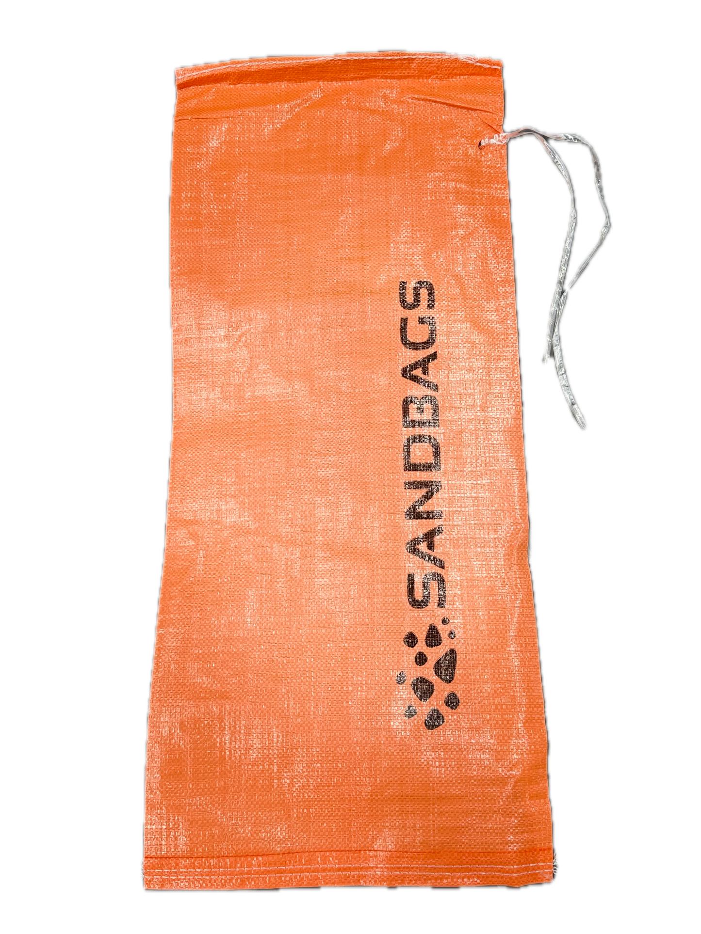 Orange woven polypropylene sandbag with tie, back view