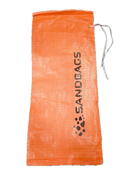 Orange woven polypropylene sandbag with tie, back view