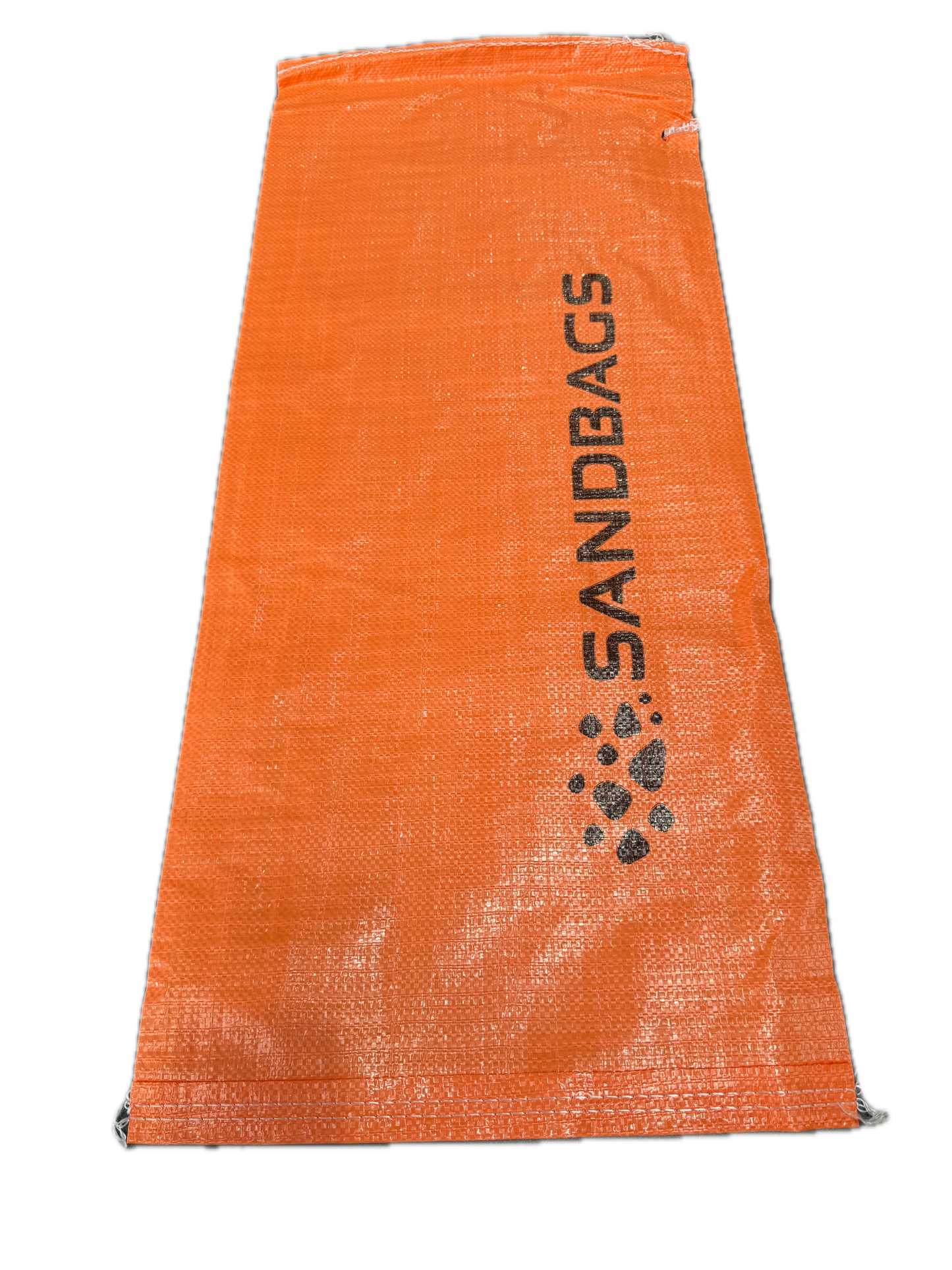 Orange woven polypropylene sandbag with tie, back view