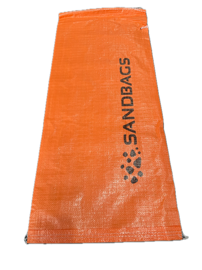Orange woven polypropylene sandbag with tie, back view