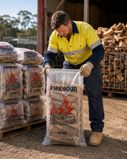 Customer holding woven polypropylene firewood bag from side angle
