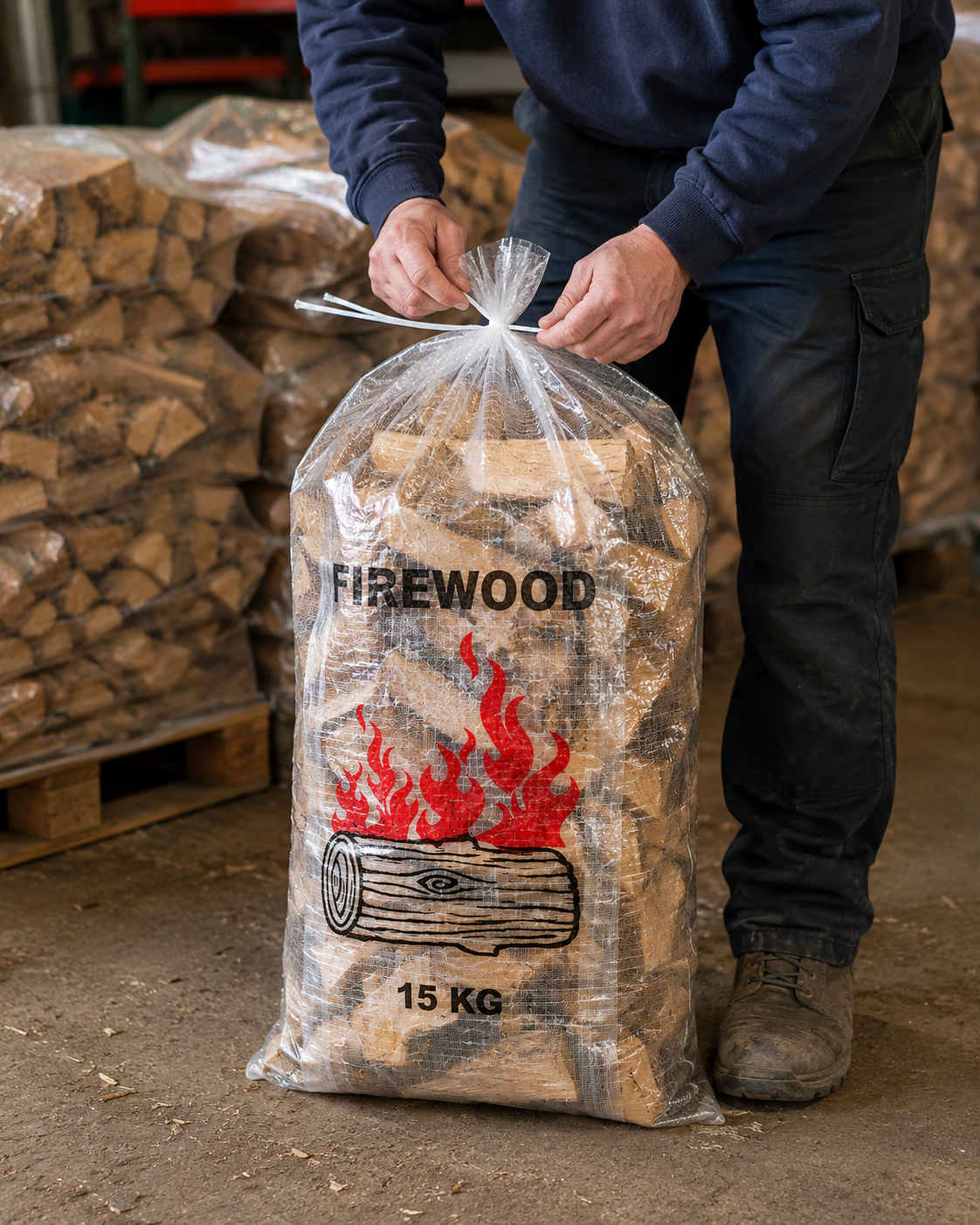 Person holding a clear woven polypropylene bag filled with dry, split firewood, sealed with black tie-ups.