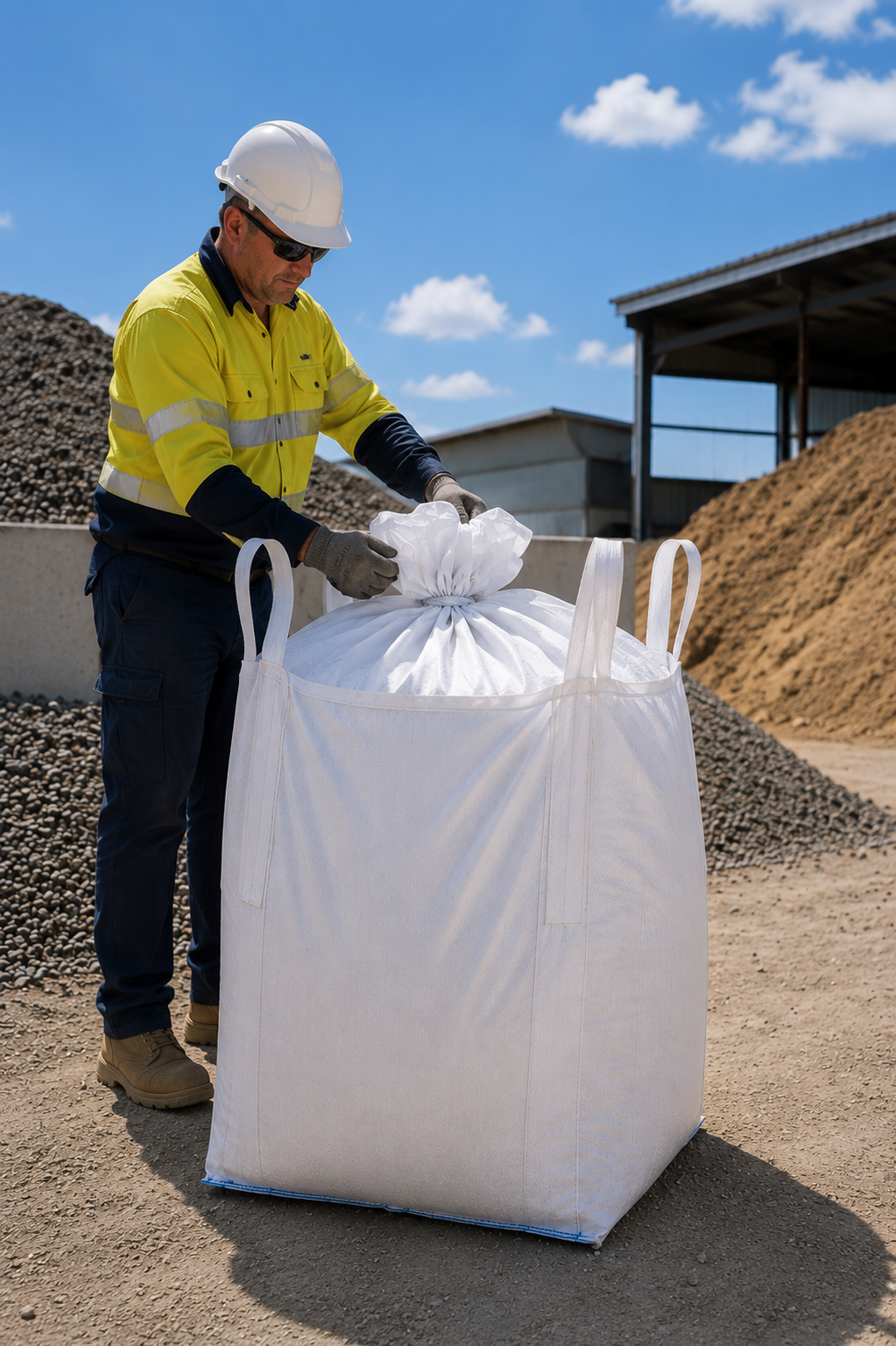 Duffle top closed bottom bulk bag, 90x90x120cm, in use with cross corner loops visible