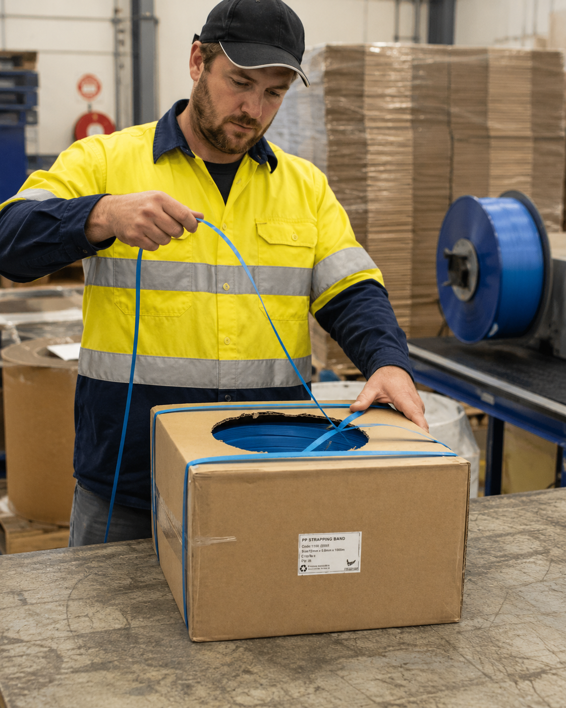 Worker using 12mm polypropylene hand strapping from dispenser box