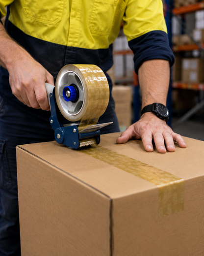 Customer applying yellowish hybrid adhesive packaging tape to box
