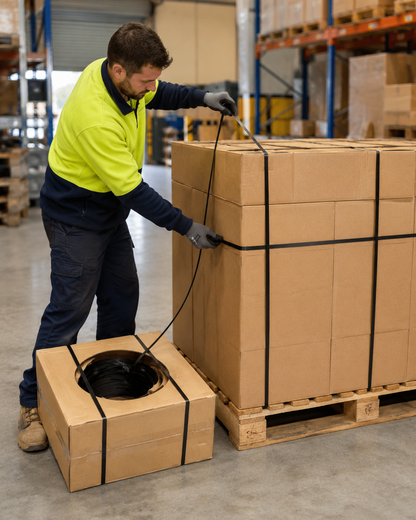 Worker using polypropylene heavy band strapping to secure pallet
