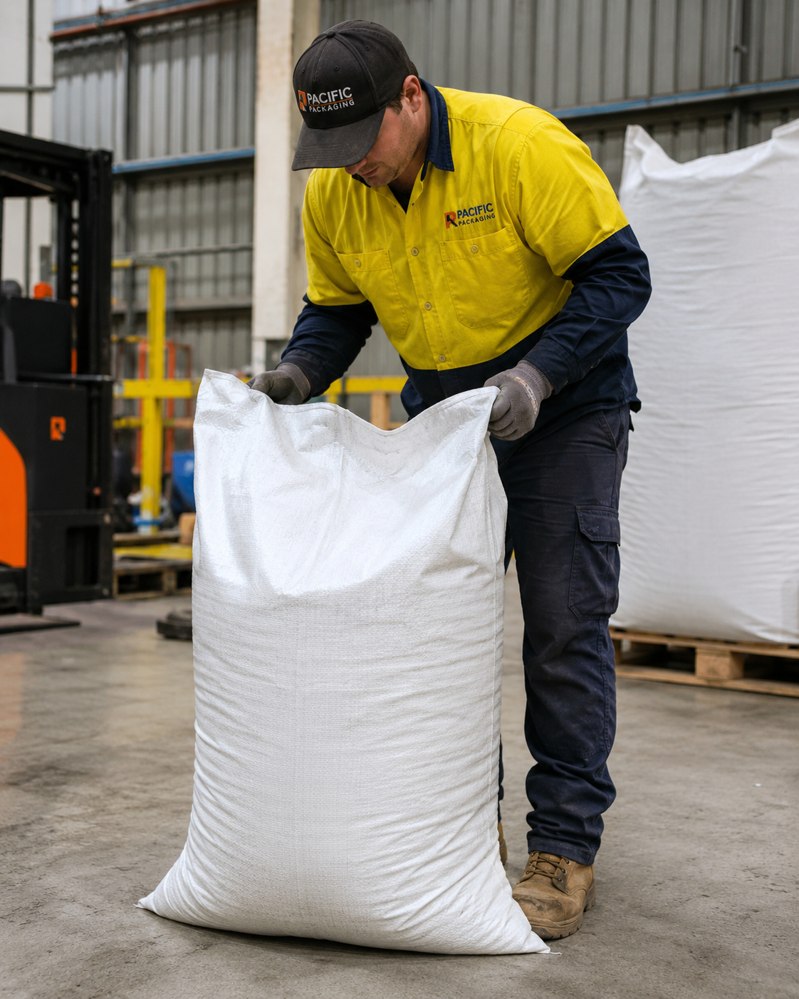 Woven polypropylene chaff bag in use, showing capacity and durability