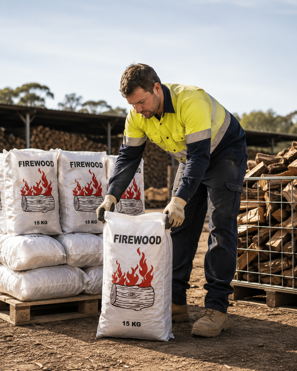 Customer holding woven polypropylene firewood bag filled with firewood