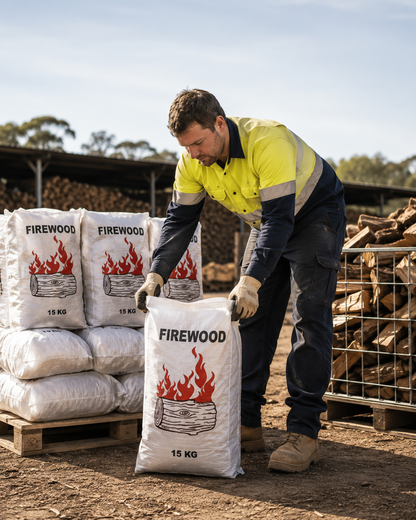 Customer holding woven polypropylene firewood bag filled with firewood
