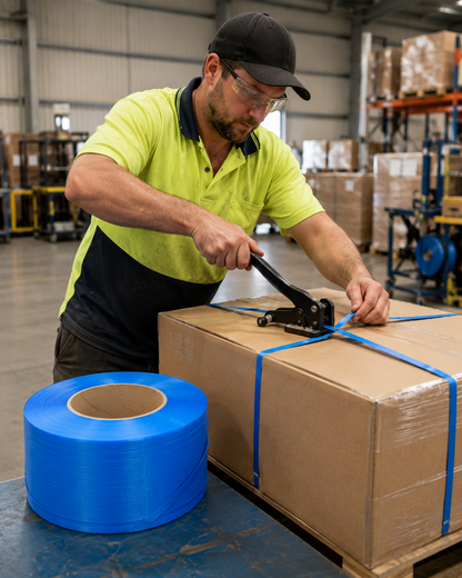 Blue polypropylene machine strapping on a roll, used by a customer