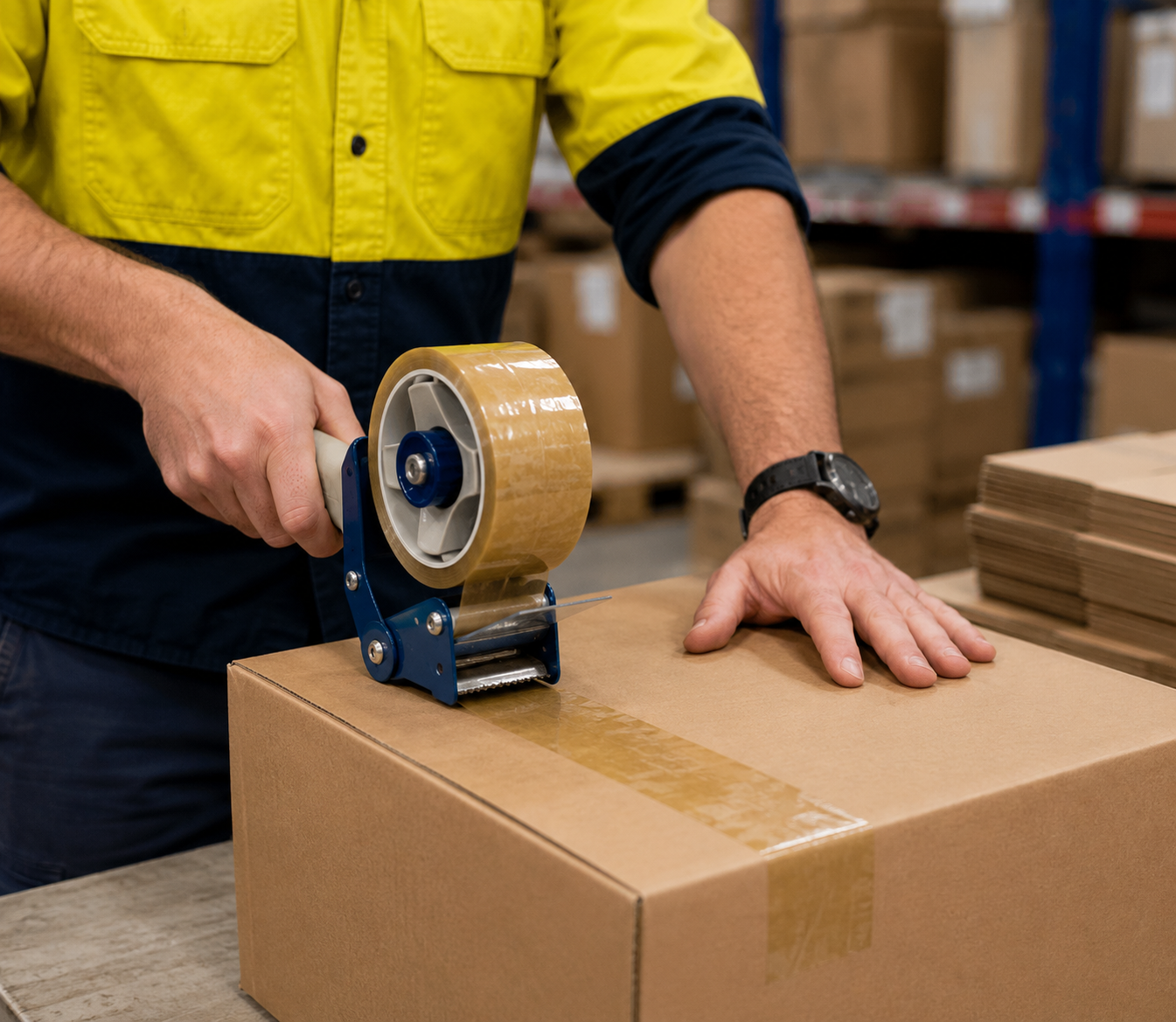 Customer applying yellowish hybrid adhesive packaging tape to box