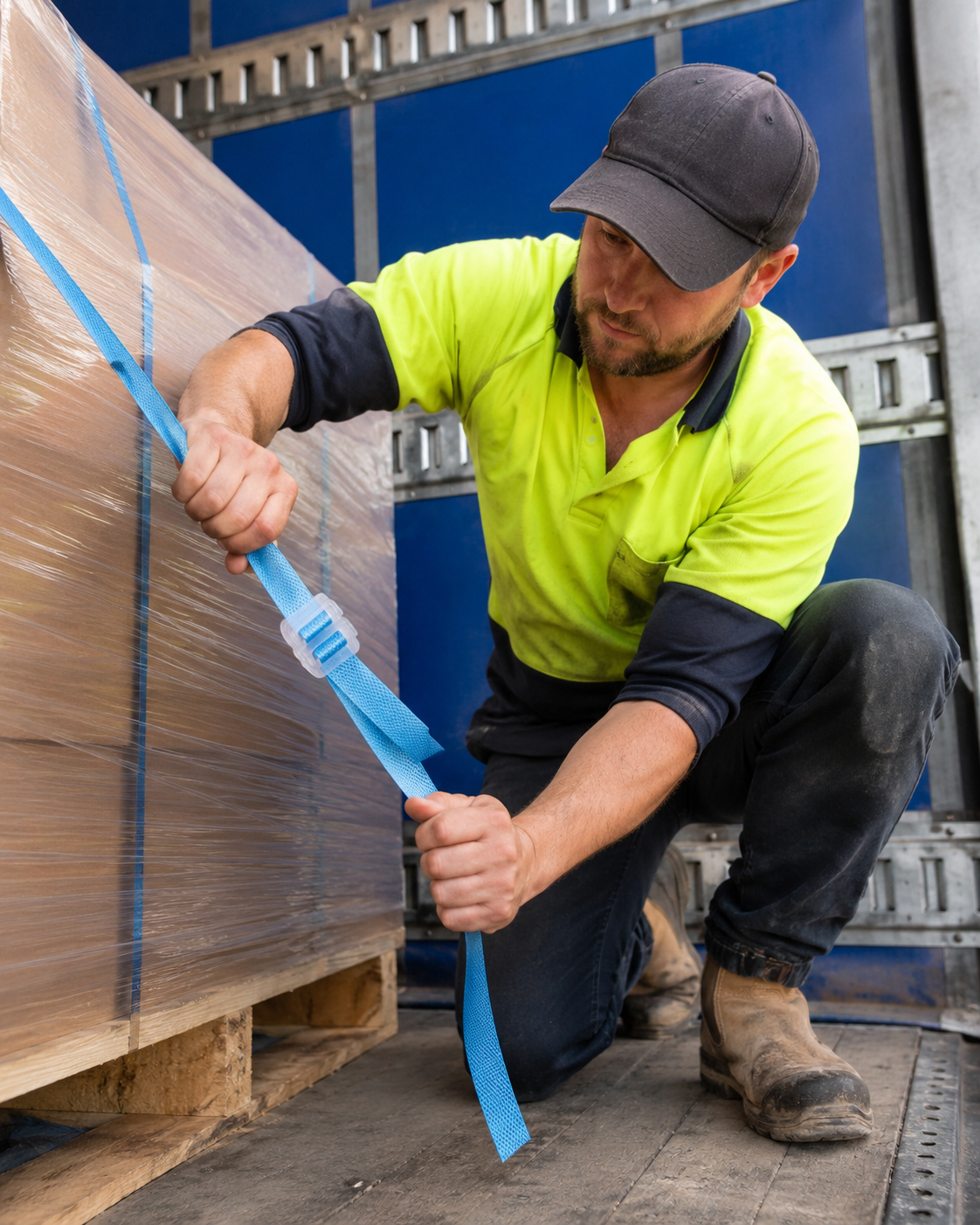Worker using a self-locking 15mm plastic buckle to tension and secure a polypropylene strap.