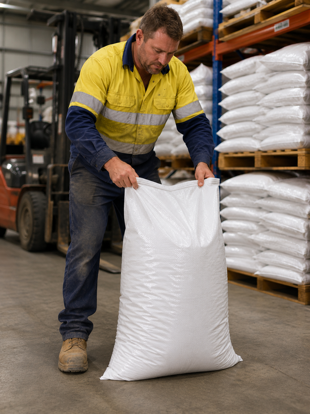 White laminated woven polypropylene feed bag in use, front view with gusset