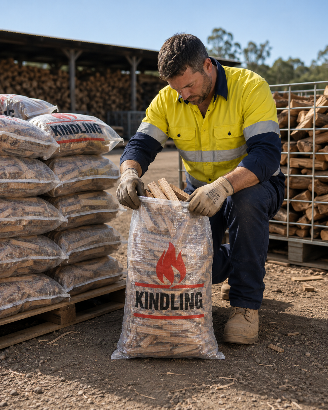 Customer holding transparent woven polypropylene firewood bag