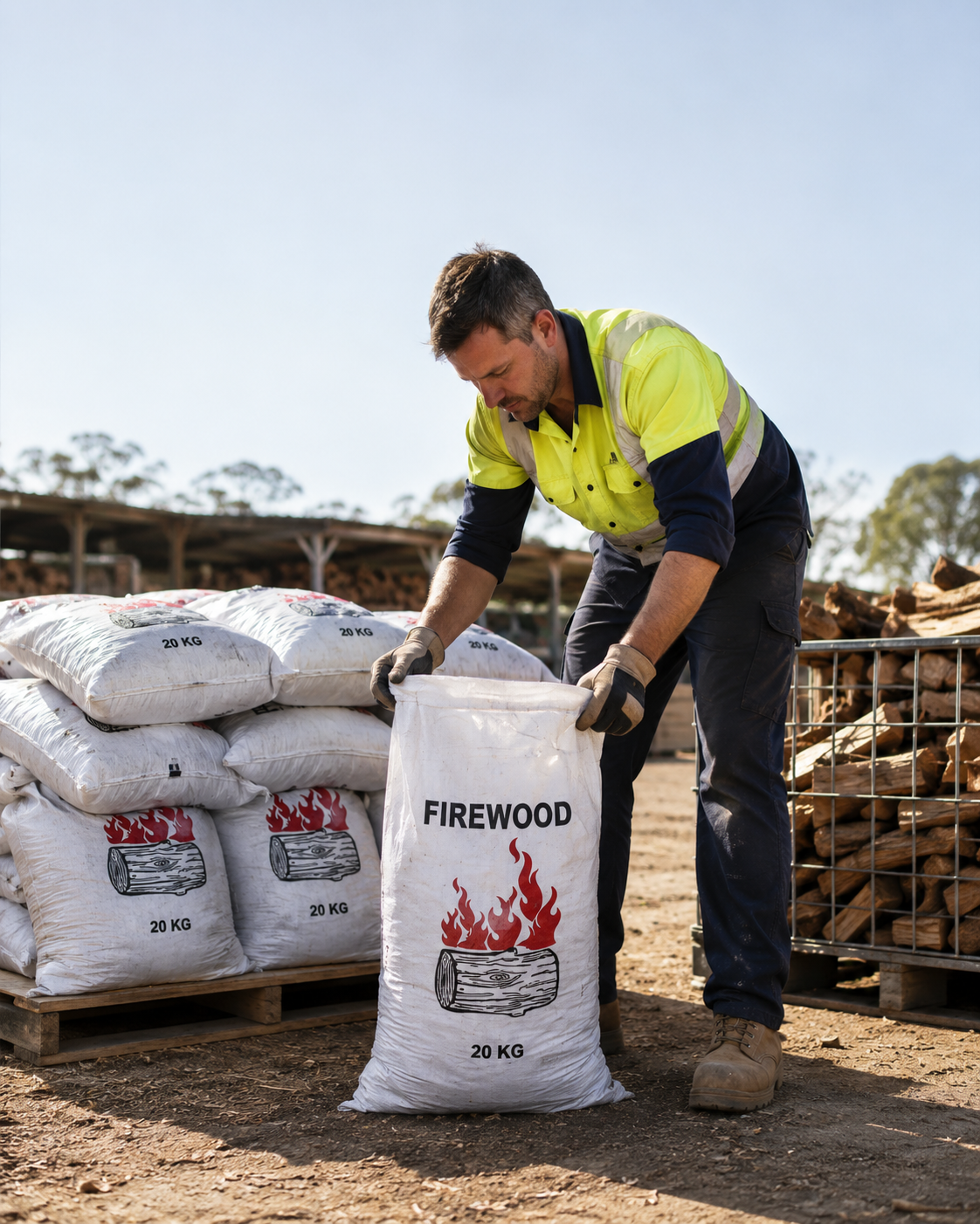Person holding woven polypropylene firewood bag filled with wood