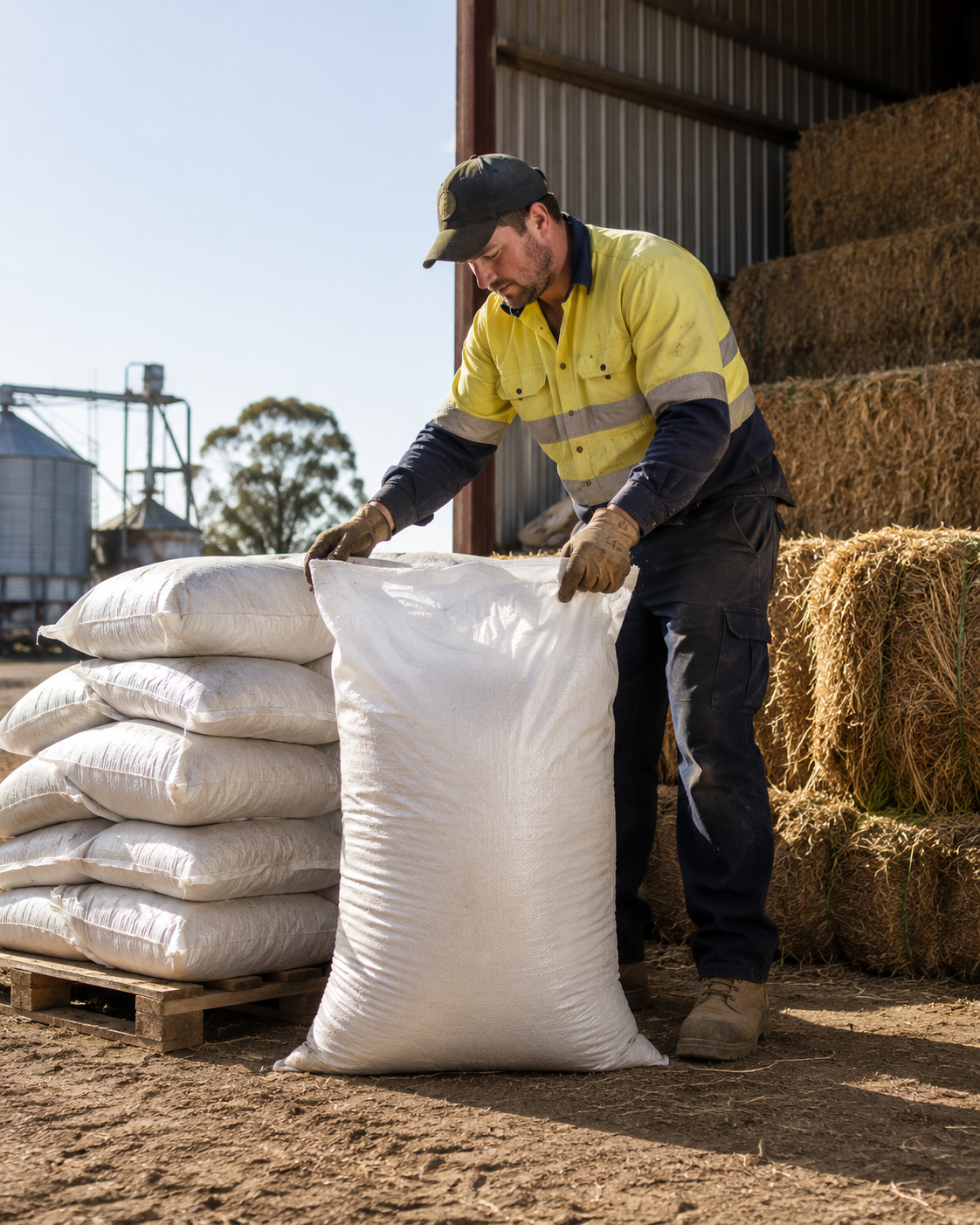 Woven Polypropylene Chaff Bag in use, filled with bulk material, from a frontal view