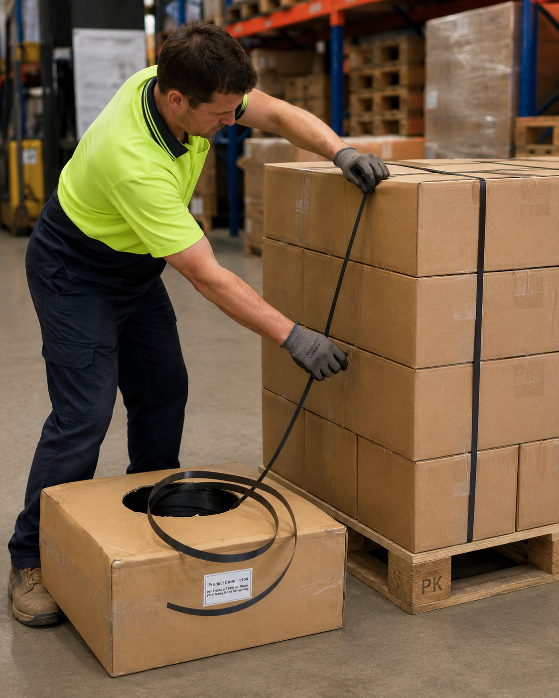 Person using black polypropylene hand strapping from dispenser box