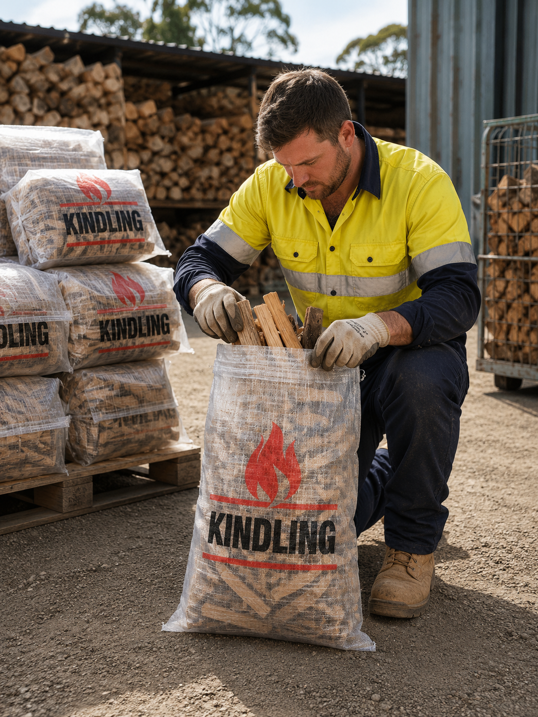 Customer holding transparent woven polypropylene kindling bag filled with firewood