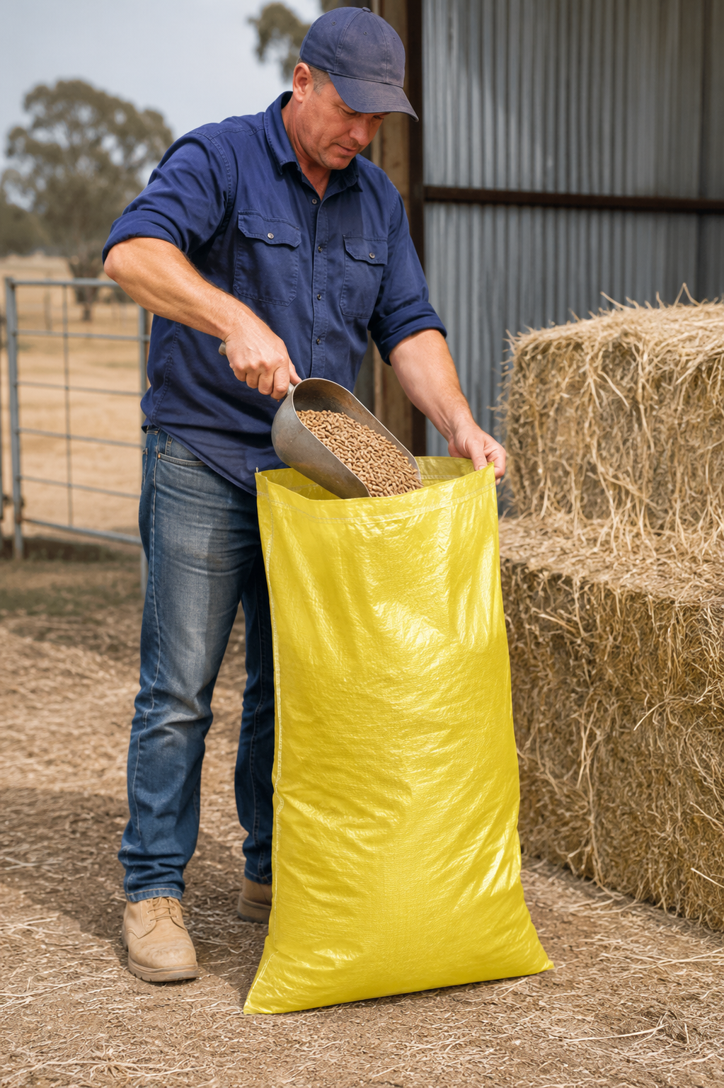Yellow gusseted feed bag in use, showing breathable woven polypropylene material