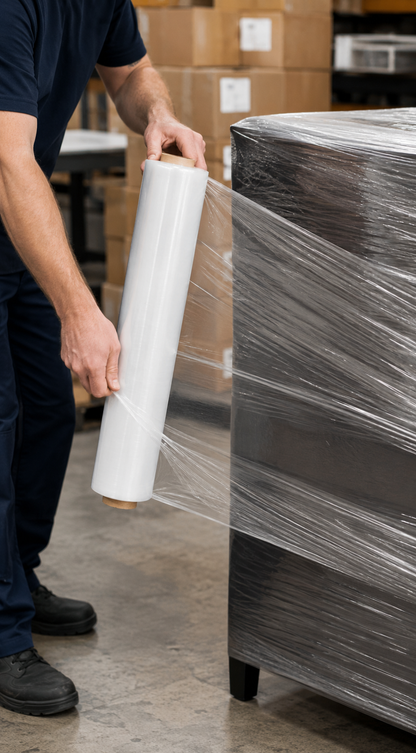 Builder using multi-purpose film for pallet wrapping on site