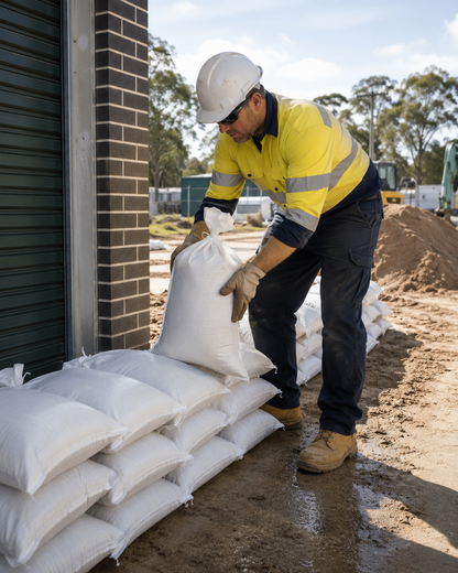 Woven polypropylene sand bags with tie up, stacked and filled with sand, in use outdoors