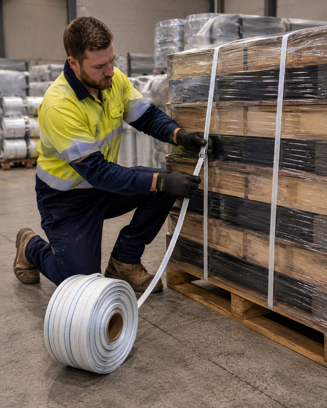 Poly-Woven Strapping in use, securing heavy cargo