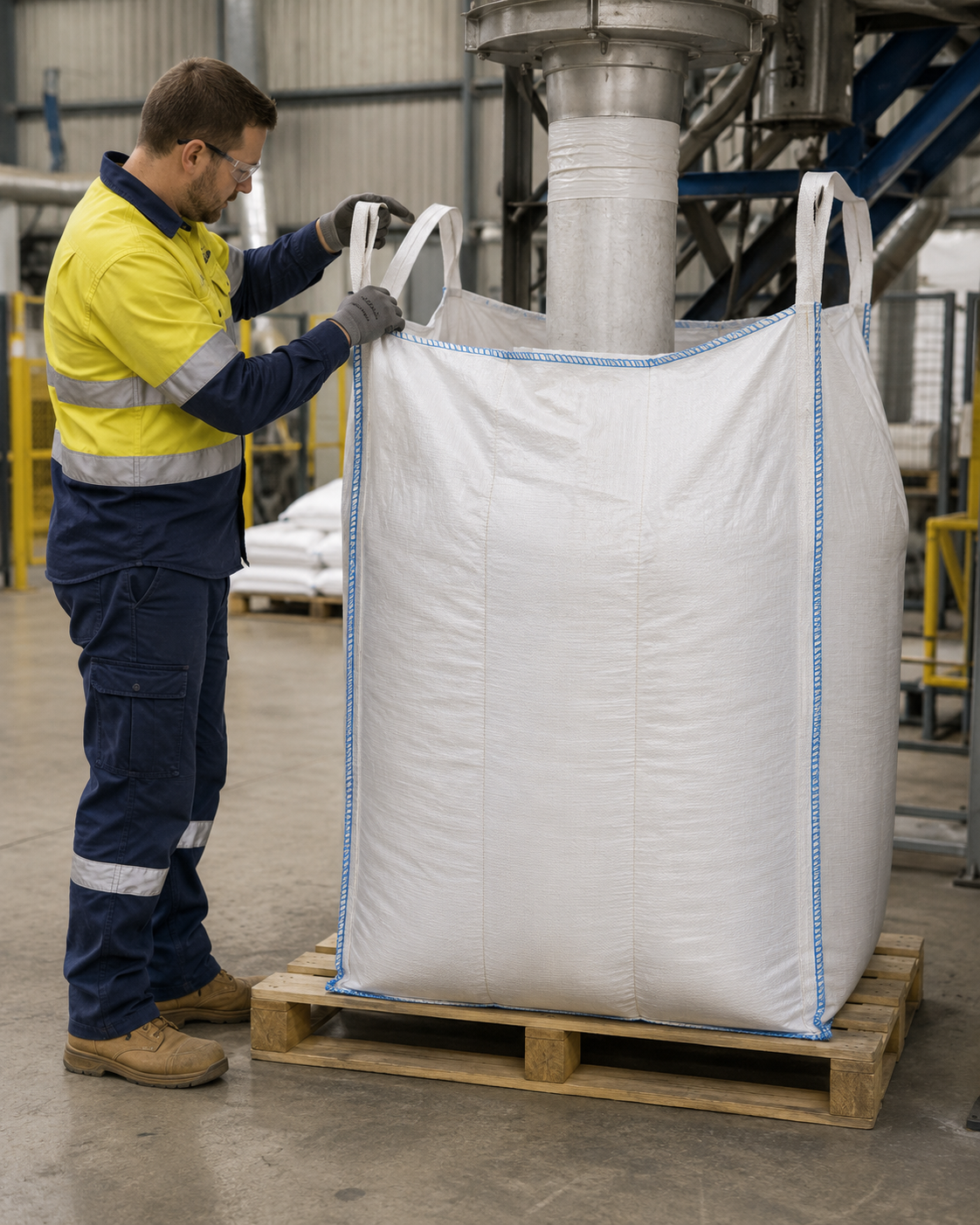 Laminated bulk bag with spout top and bottom, filled with powder, in use by customer
