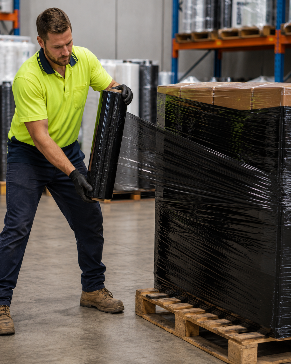 Black hand pallet wrap in use, wrapped around pallet, showing cling and containment