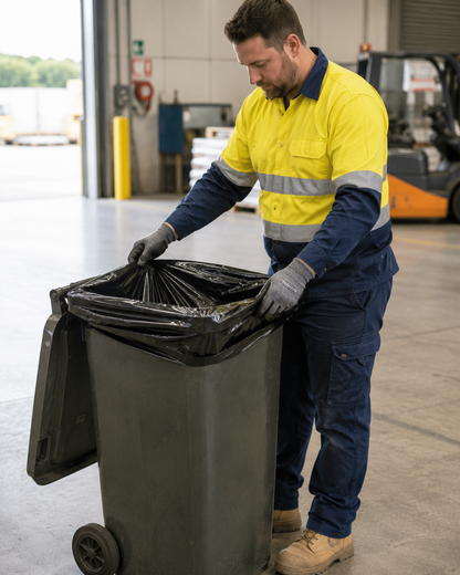 Person holding a 240L Heavy-Duty Black Bin Liner
