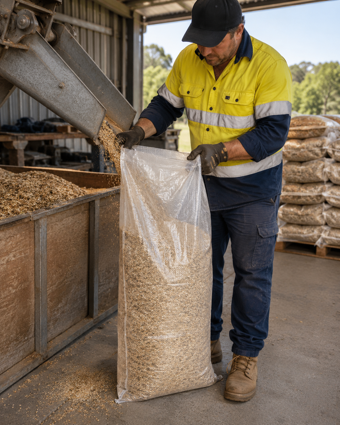 Transparent gusseted feed bag in use, filled with contents, showing woven polypropylene material