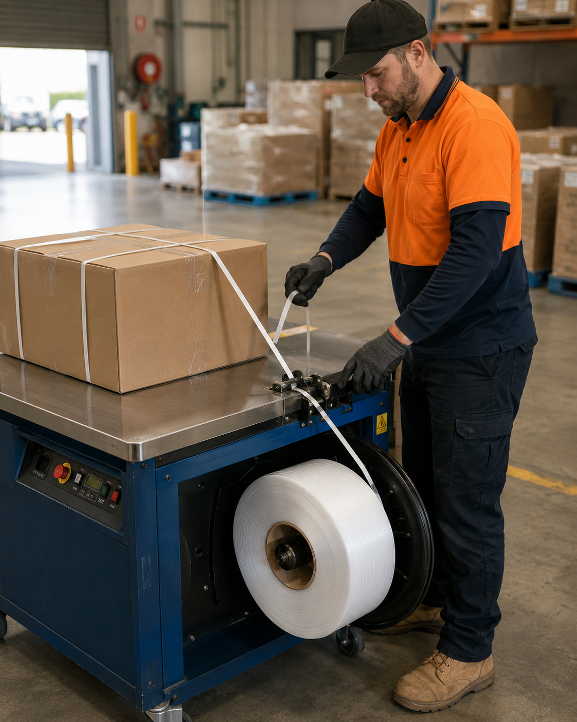 Clear polypropylene strapping on a pallet, wrapped around boxes, from a side angle