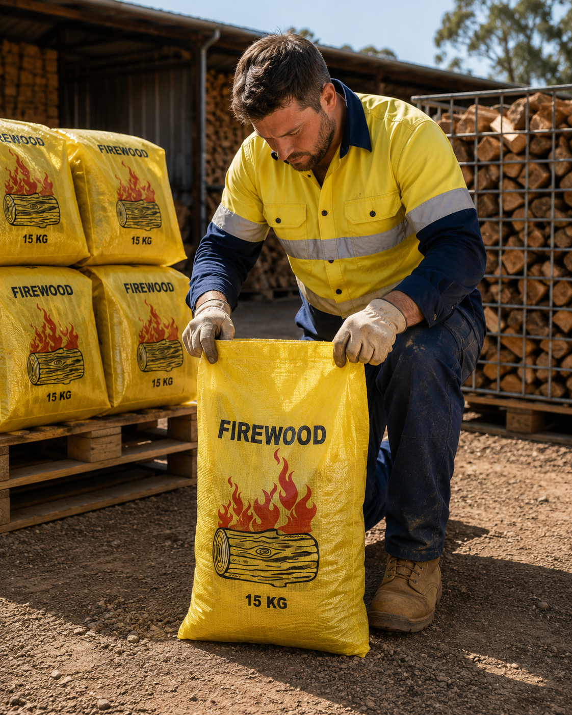 Yellow printed firewood bag with gusset, held by person, showing capacity