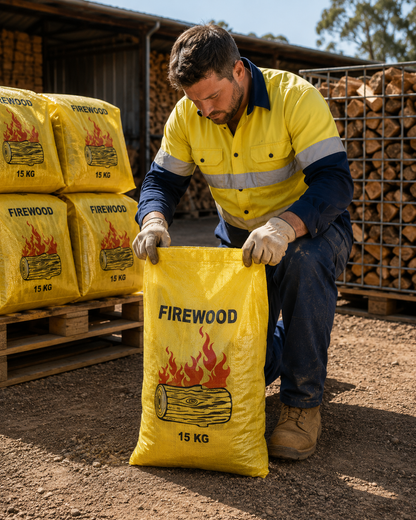 Yellow printed firewood bag with gusset, held by person, showing capacity