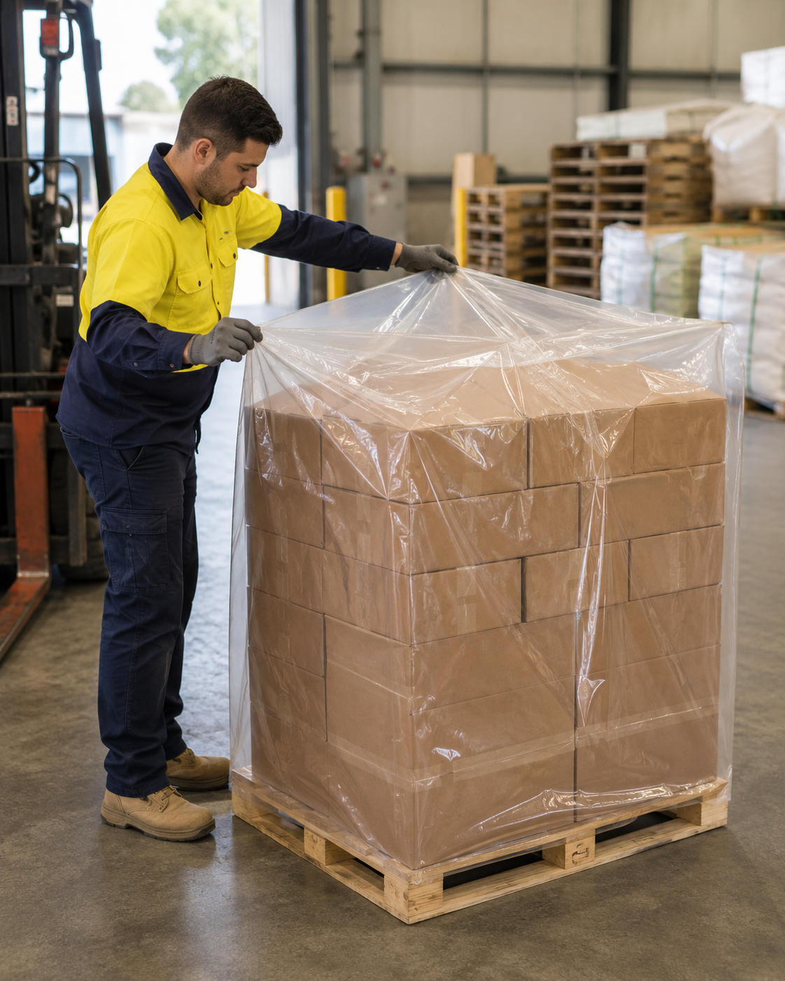 Clear LDPE pallet bag wrapped around pallet, front view, with visible contents