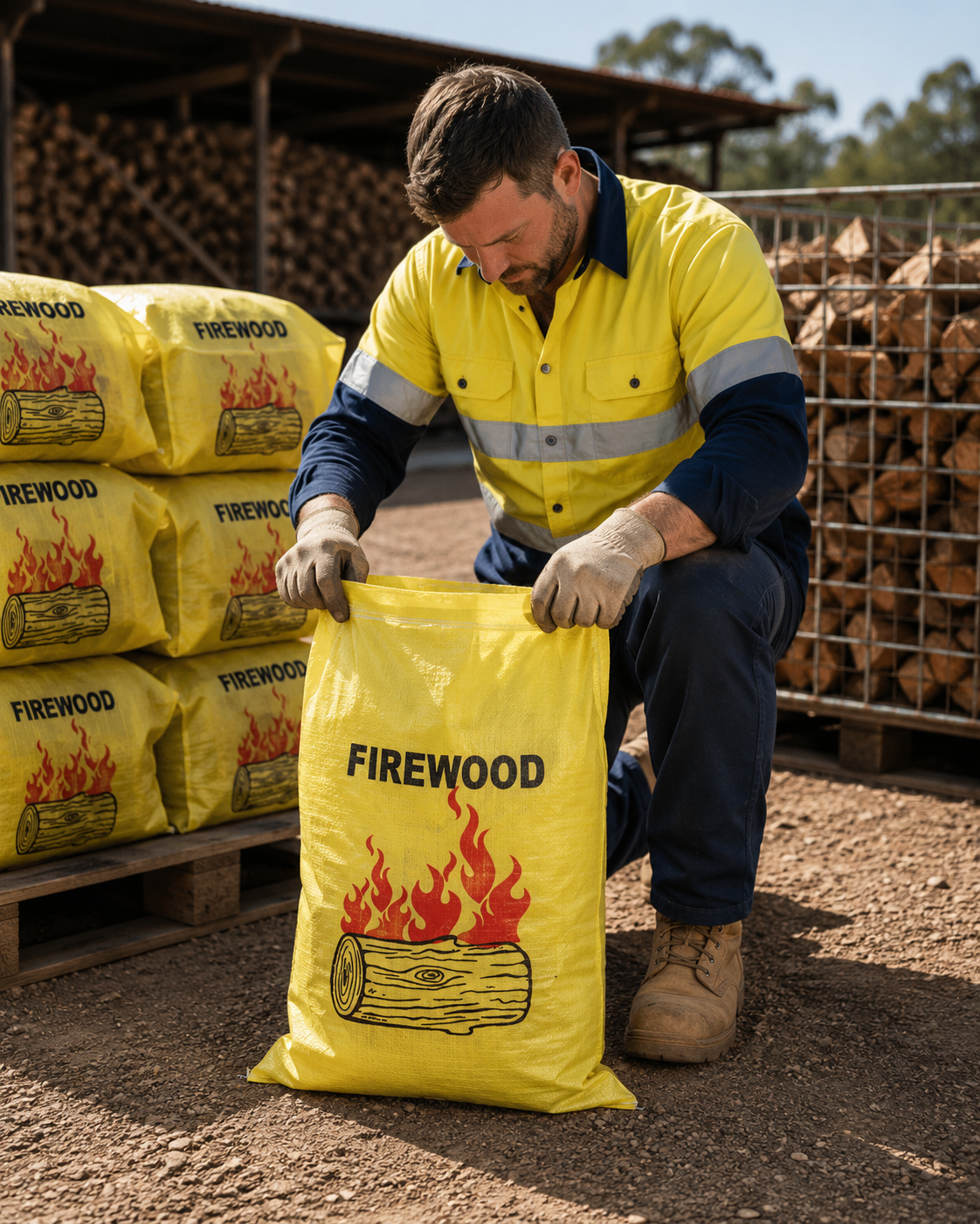 Yellow firewood bag filled with firewood, held by a person, showcasing woven polypropylene material