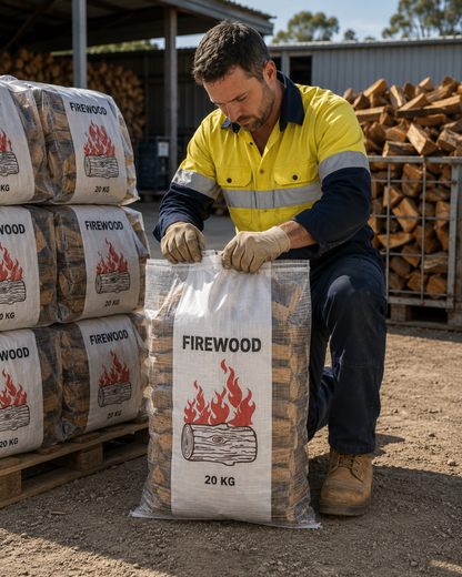 Woven polypropylene firewood bag with transparent sides, front view, filled with firewood