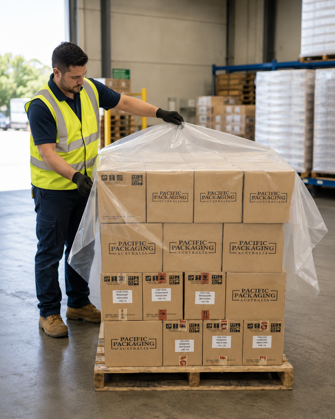 Pallet wrapped with HDPE Pallet Cap, natural color, from a side angle