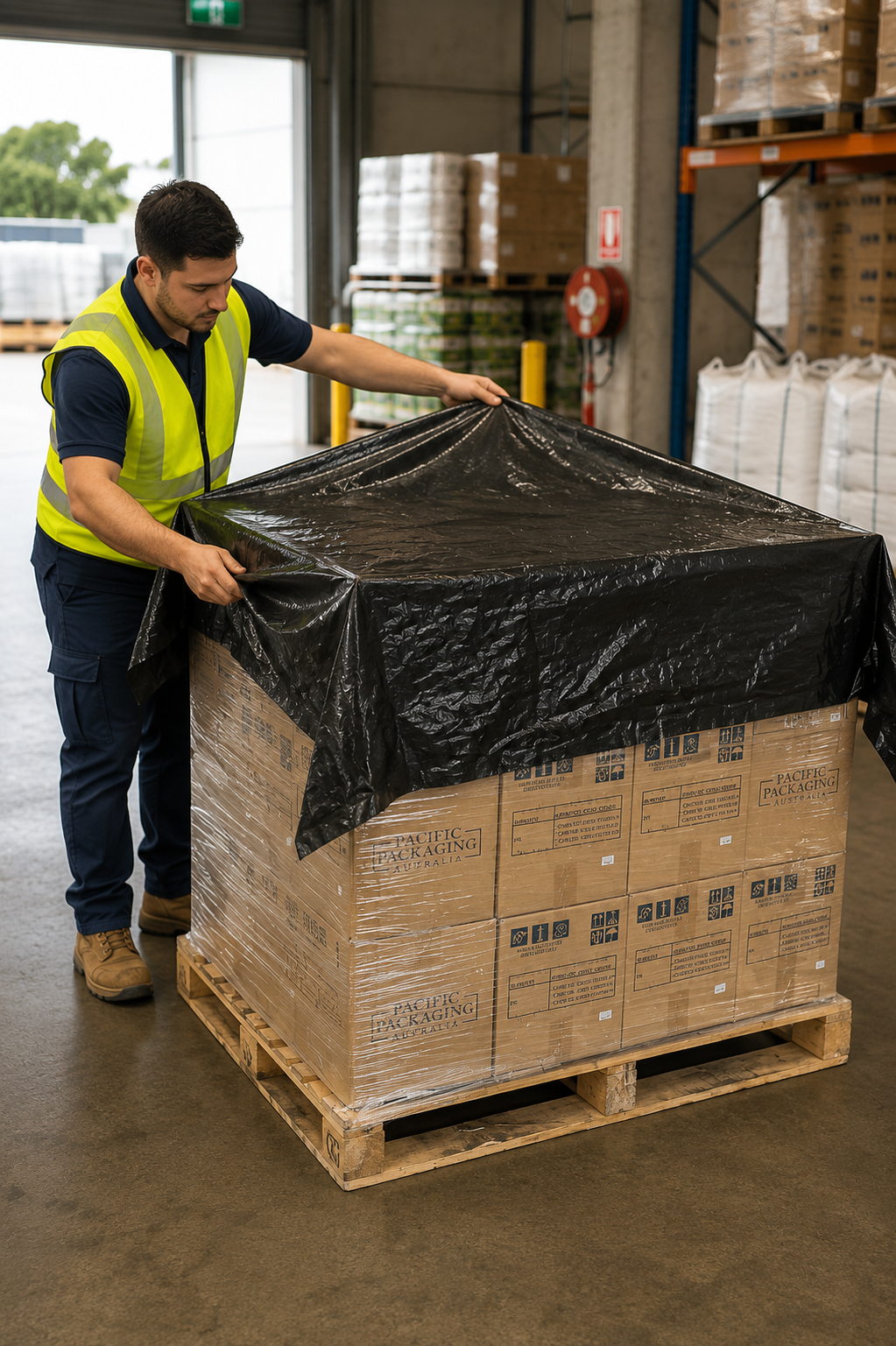 Black HDPE pallet cap on pallet, top view, wrapped around freight