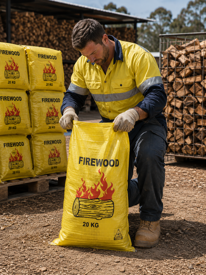 Yellow firewood bag, front view, filled with firewood, held by customer