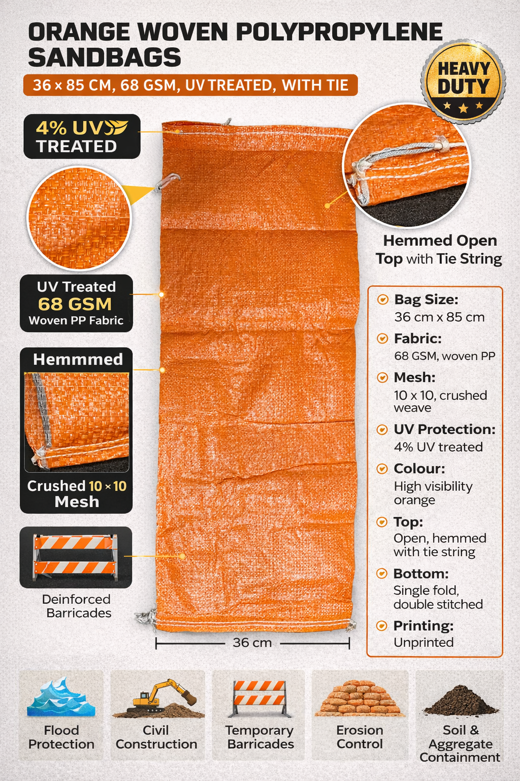 Orange Woven Polypropylene Sandbags 36 x 85 cm, 68 GSM, UV Treated, With Tie