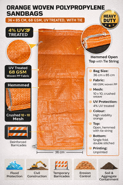 Orange Woven Polypropylene Sandbags 36 x 85 cm, 68 GSM, UV Treated, With Tie