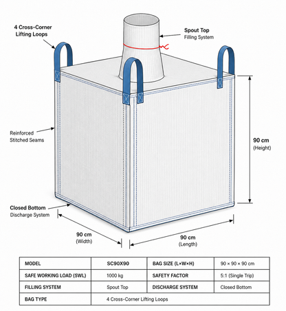 Spout top closed bottom FIBC bulk bag, front view, 90x90x90cm dimensions visible