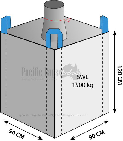 FIBC bulk bag with tied discharge spout and blue lifting loops marked SWL 1500 kg and Pacific Bags Australia