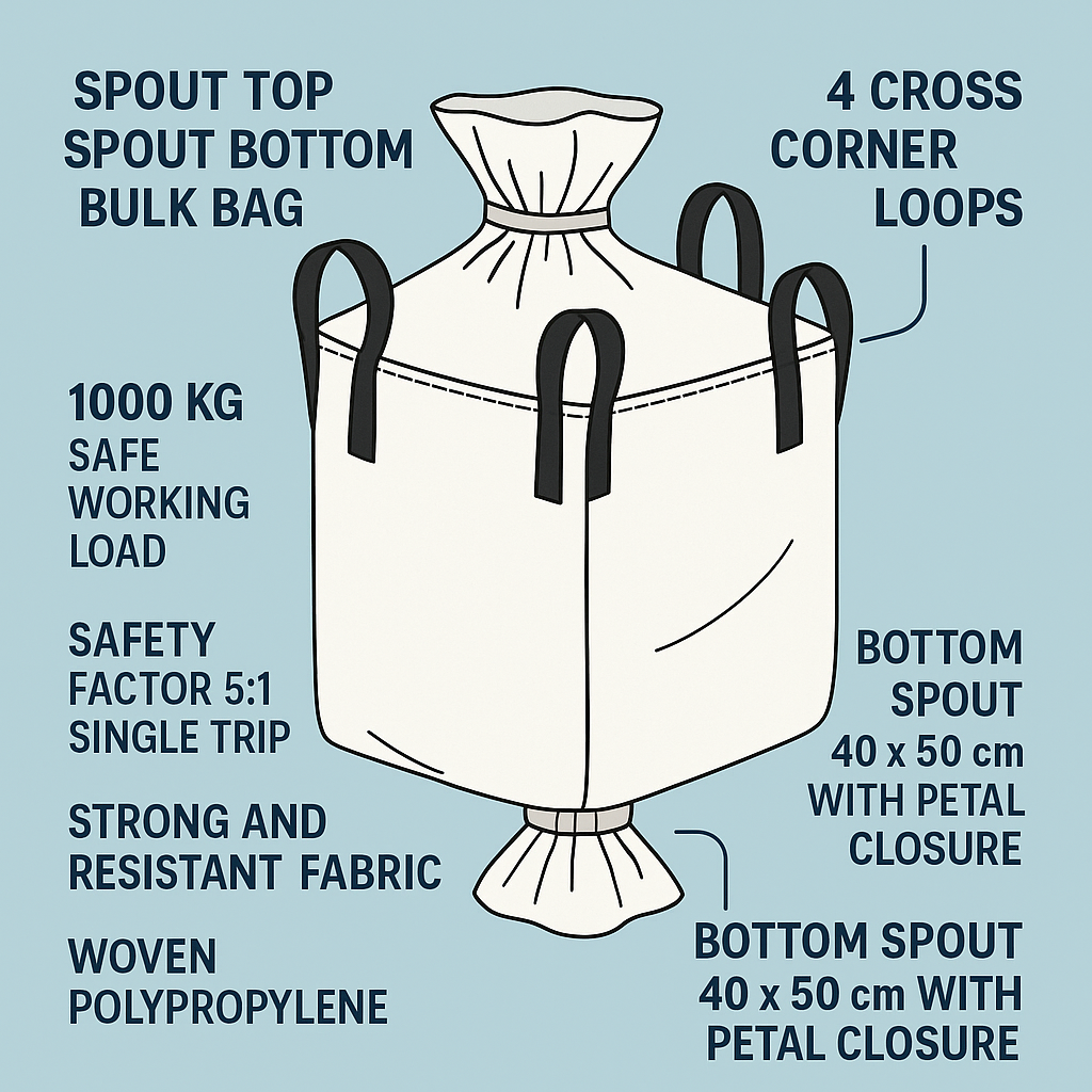 Diagram of a bulk bag with labeled features on a light blue background