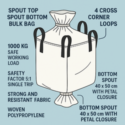 Diagram of a bulk bag with labeled features on a light blue background