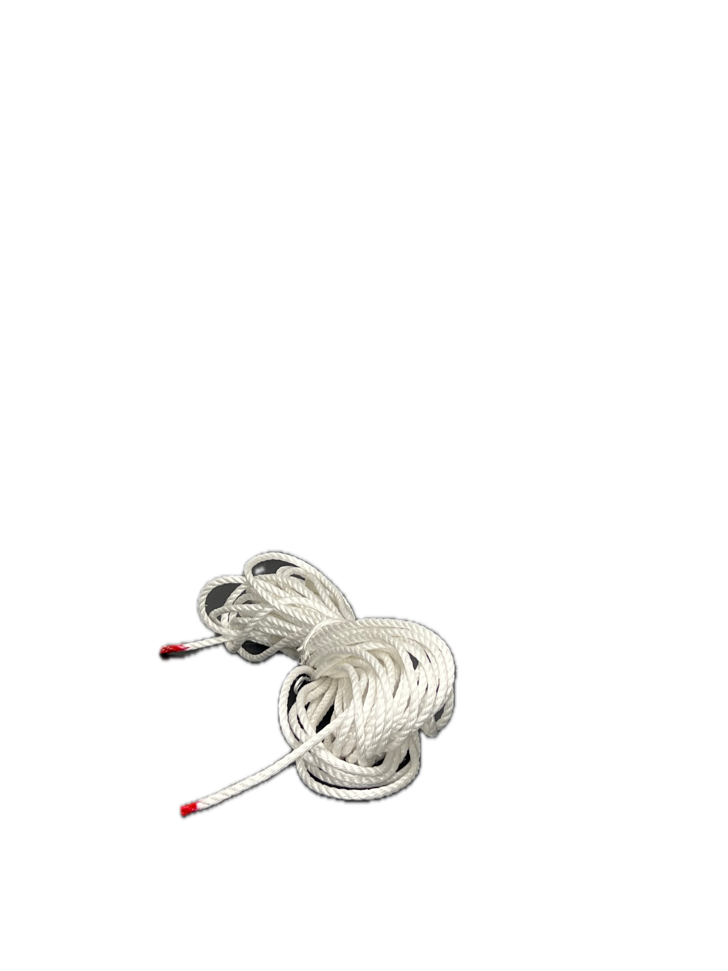 Coiled white rope with red ends on a white background